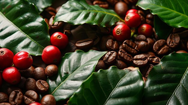 사진 잎과 잎이 있는 커피 콩 식물 농장 배경 디자인