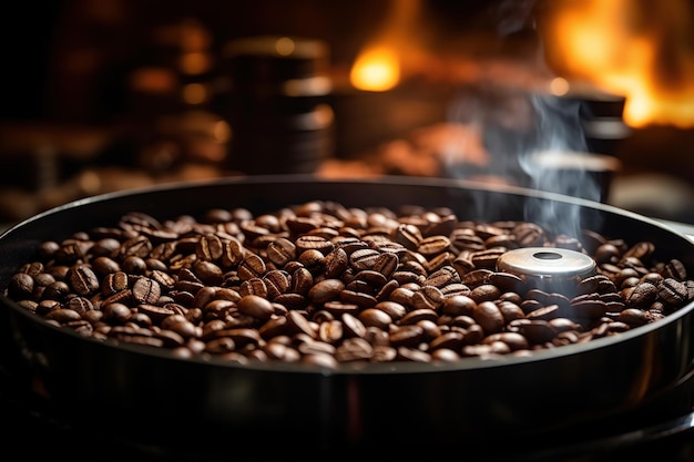 Foto i chicchi di caffè dopo la tostatura della macchina per la torrefazione del caffè catturano l'essenza di una fresca mattinata utilizzata come sfondo di un bar o di un prodotto a base di caffè