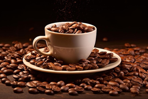 coffee beans are poured into a cup and a saucer.