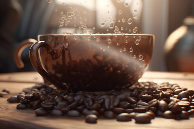 Coffee beans are scattered on a table with a cup of coffee and the words coffee on it.