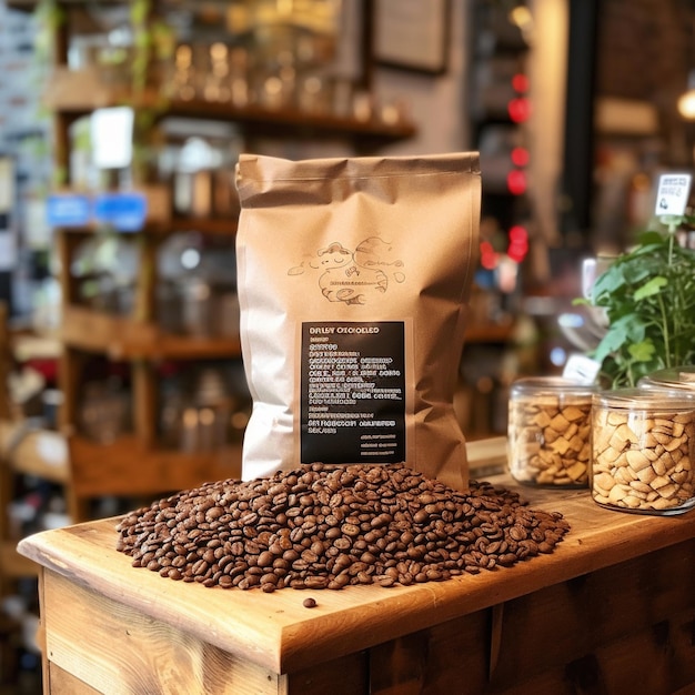 coffee beans are on a table in a coffee shop