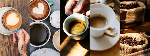 Coffee beans and assorted coffee cups