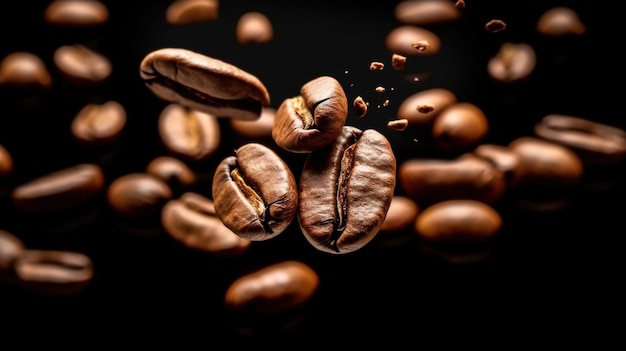 Coffee beans background Roasted falling or flying coffee beans on black background AI Generated