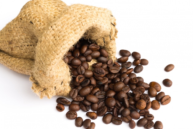 Coffee beans in bag isolated on white background