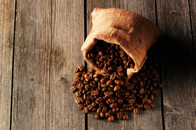 Coffee beans in bag on table