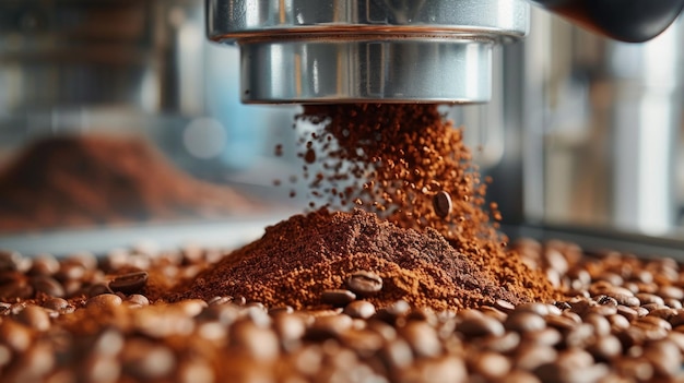 Photo coffee beans being ground to perfection in a burr grinder