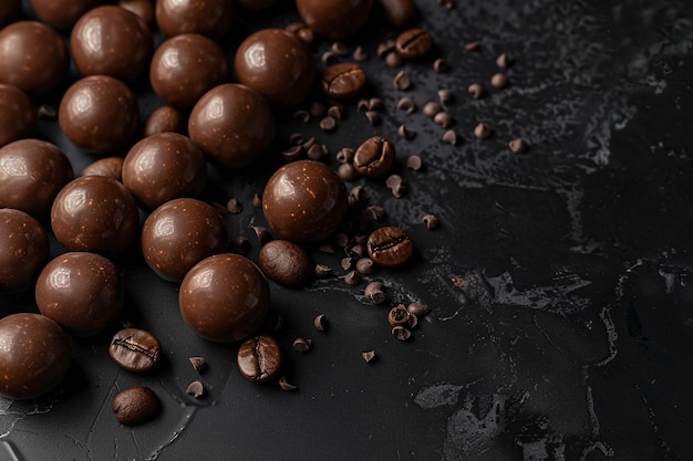 黒い背景のコーヒー豆とチョコレートプラリン