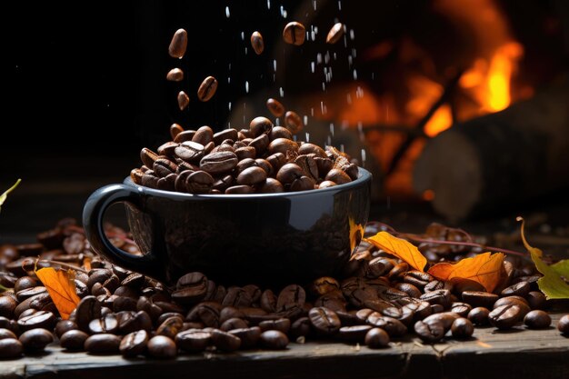 Photo coffee beans and black cup falling coffee grains in black cup in rustic wood style generative ia