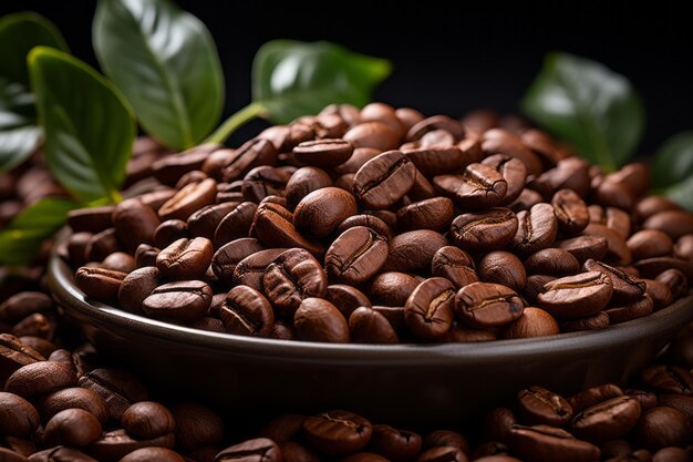 Coffee beans in a bowl on a black background