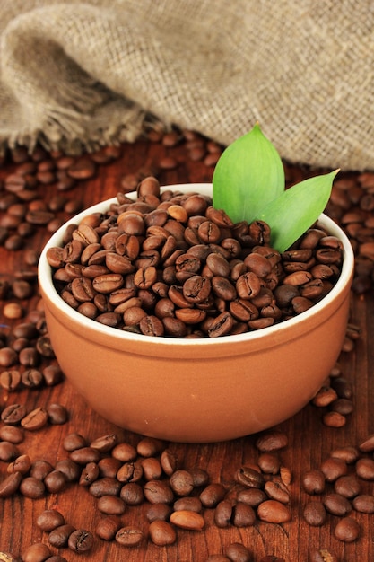 Coffee beans in bowl on wooden background