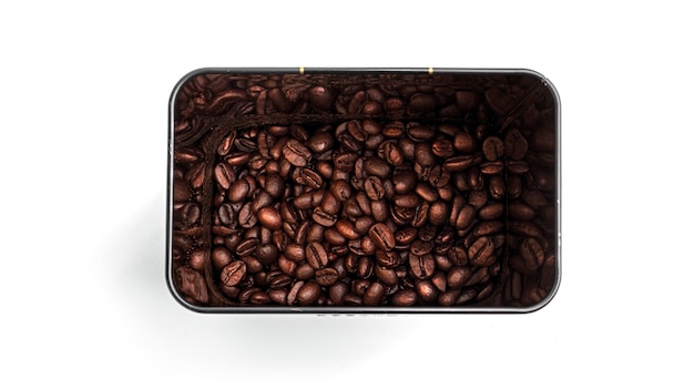 Coffee beans in the box on white background