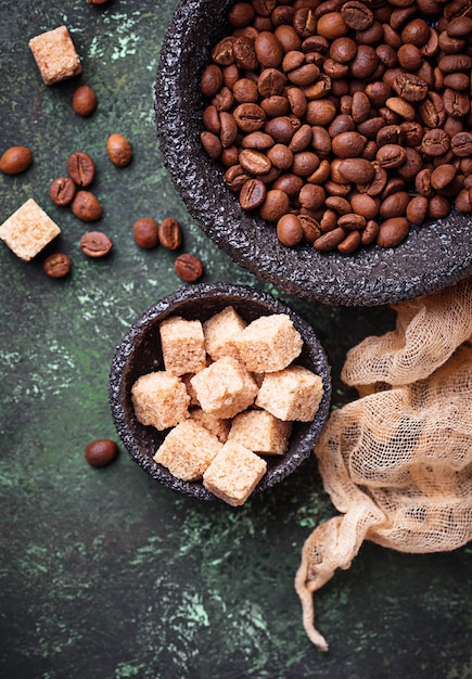 Coffee beans and brown sugar. 