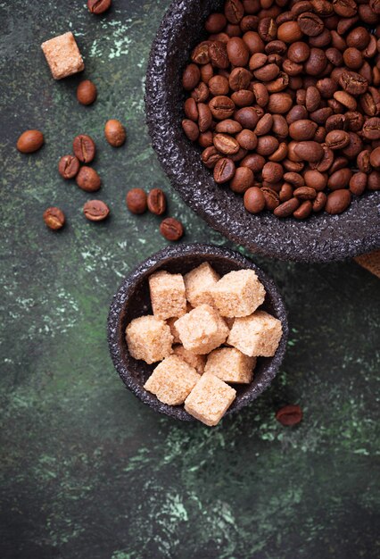 Coffee beans and brown sugar. 