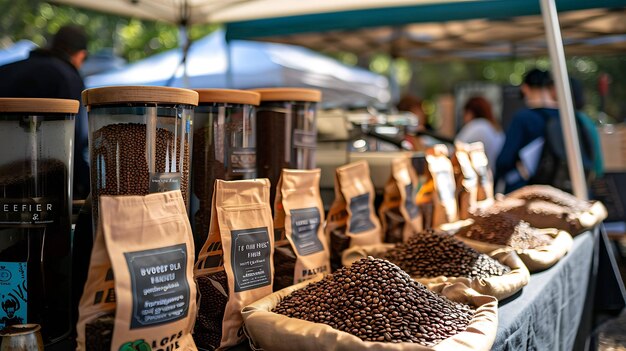 Coffee beans in bulk at a local market The beans are in glass jars and brown sacks There is a variety of beans to choose from