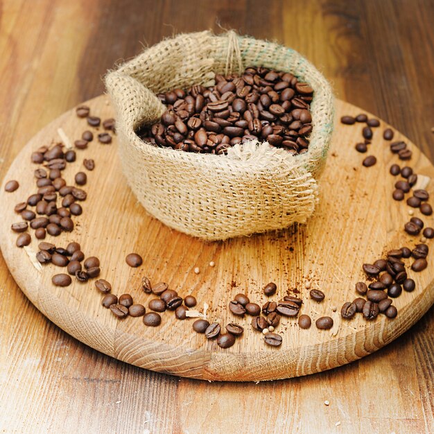 Coffee beans in burlap sack