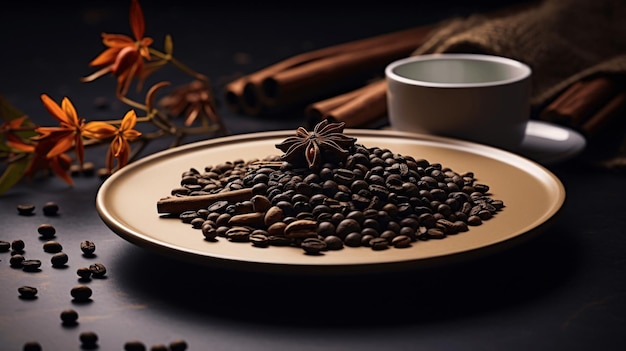 Coffee beans in ceramic plate with spices