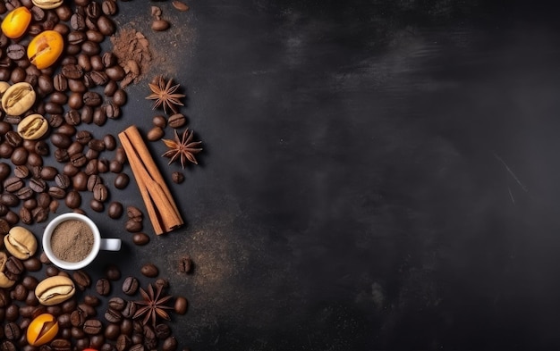 Coffee beans and cinnamon sticks on a black background