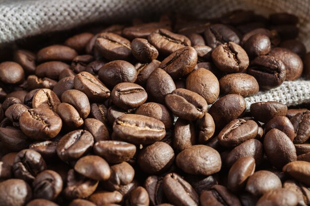 Coffee beans on cloth close up