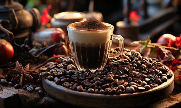 Coffee beans and cocoa with dust on top