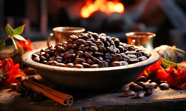 Coffee beans and cocoa with dust on top