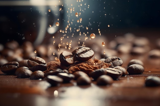 Coffee beans and coffee beans are sprinkled with water on a table.