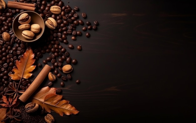 Coffee beans coffee beans cinnamon and a cup of coffee on a black background