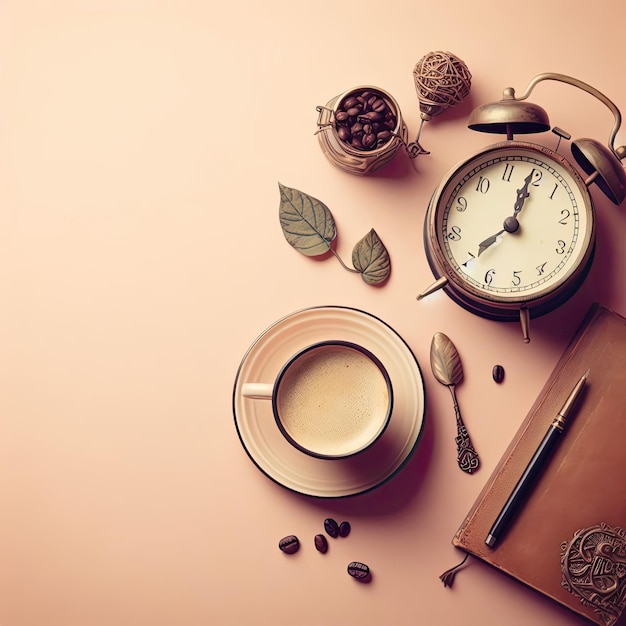 Кофейные зерна, кофейная чашка и будильник на чистом фоне Место для текста