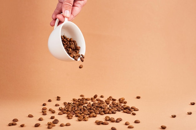 Chicchi di caffè in tazza di caffè su sfondo pastello spazio per il testo