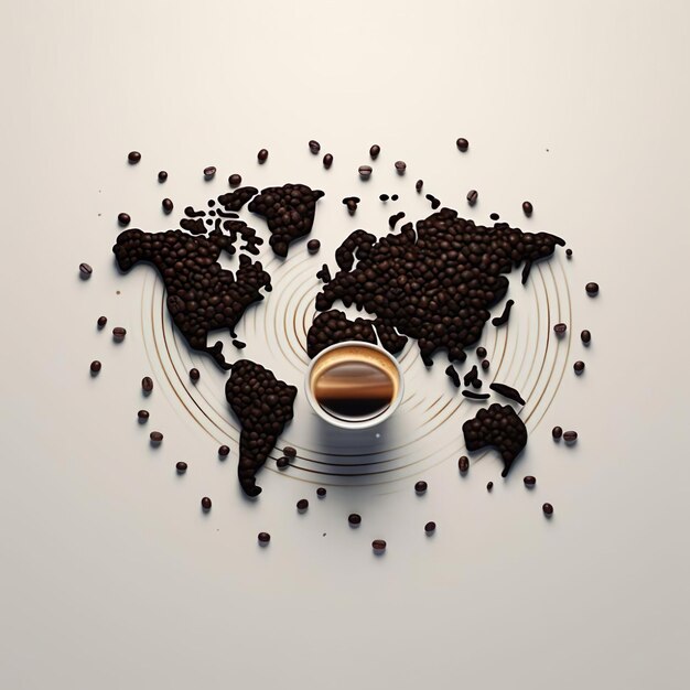 사진 커피 콩 커피 컵 세계 지도 일러스트레이션은 국제 커피 날을 나타니다.