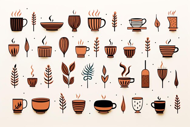 Photo coffee beans and coffee elements doodle line art illustration on white background