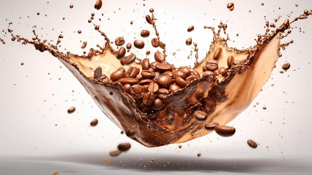 coffee beans and coffee splash photo of coffee beans with coffee drops in the air productive ai