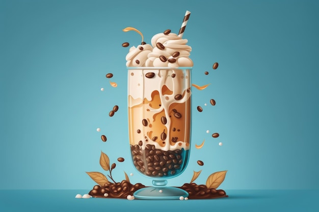 Coffee beans and cream are poured over iced coffee in a tall glass A cold summer beverage