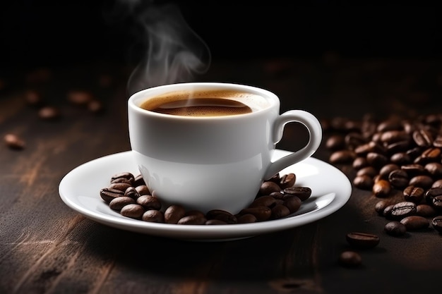 Кофейные зерна и чашка черного горячего кофе с паром на деревянном столе