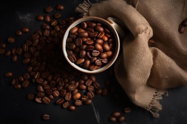 Coffee beans in a cup and a burlap sack on a black table