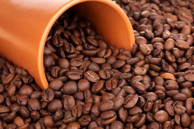 Coffee beans and cup close-up