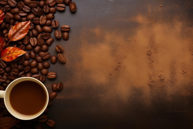 Coffee beans and cup of coffee on brown background with copy space