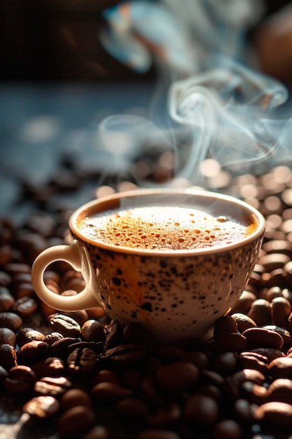 Foto fagioli di caffè e una tazza di caffè focalizzazione selettiva