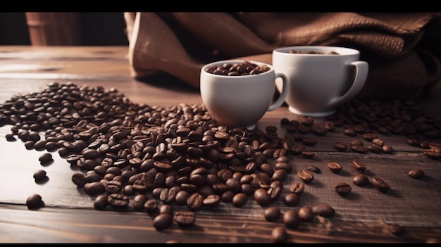 Coffee beans and a cup of coffee on a table with a bag of coffee beans.