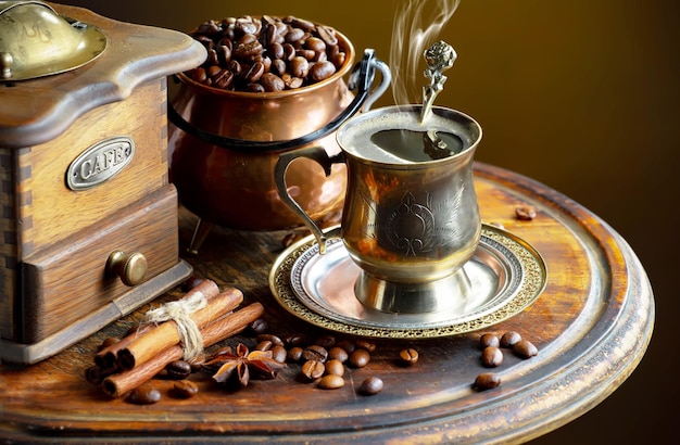 Coffee beans and a cup of coffee on a table