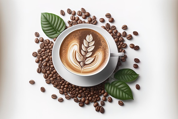 Coffee beans and a cup of latte isolated on a white background