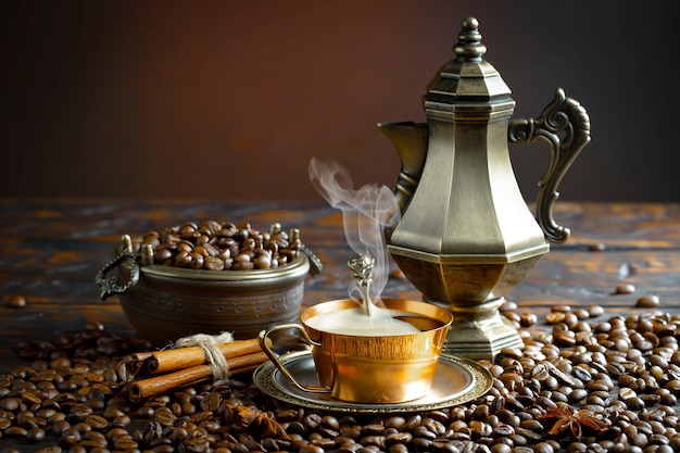 Coffee beans and a cup with a gold coffee pot on a table