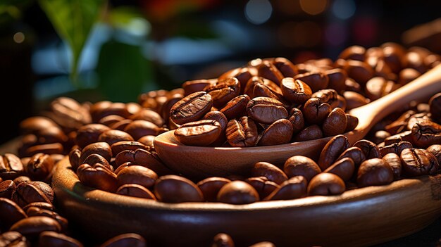 coffee beans in a cup with a spoon on wooden table