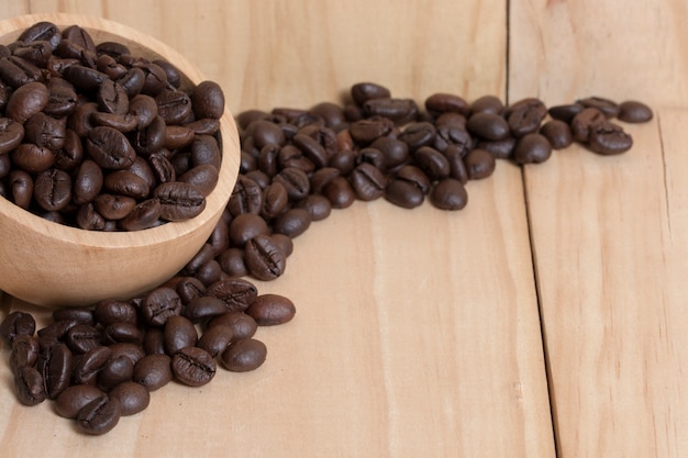 coffee beans in a cup with wooden background