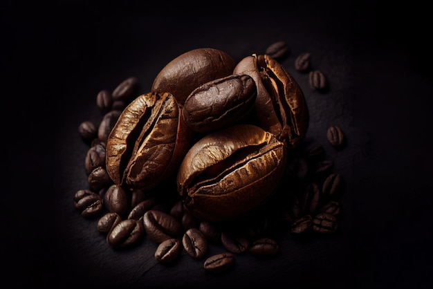 Кофейные зерна на темном фоне Generative Ai