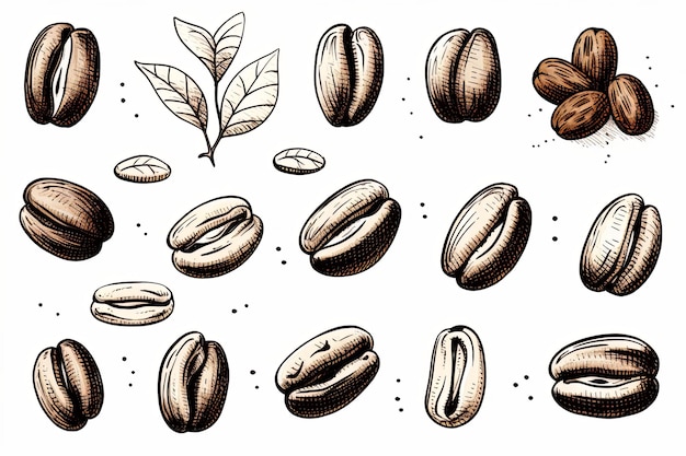 Coffee beans doodle line art illustration on white background