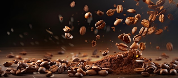 공장에서 커피 콩은 테이블의 배경에 떨어지는 공간과 함께 신선한 콩을 떨어집니다.