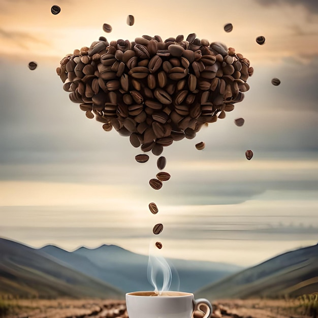 Coffee beans fall from a coffee cloud into a coffee cup