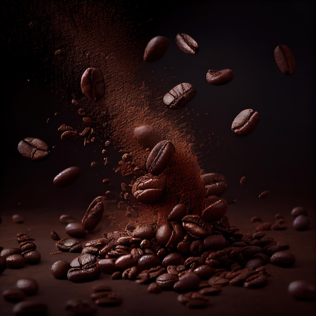 Coffee beans falling down over black background Generative Ai