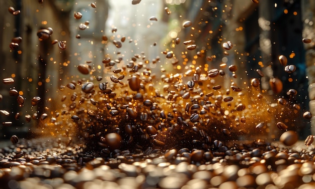 Кофейные зерна падают на пол с большим количеством пыли.