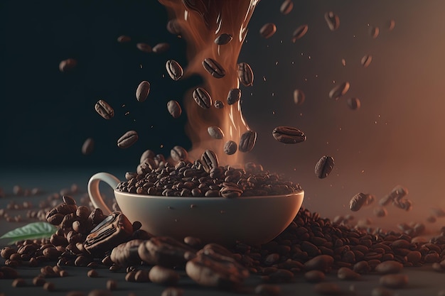 Coffee beans falling into a coffee cup over a pile of coffee